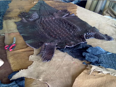 Close up detail of the magnificent crocodile skins form the basis of the latest wallhanging by Beatrix Bosch, renowned South African artist.
